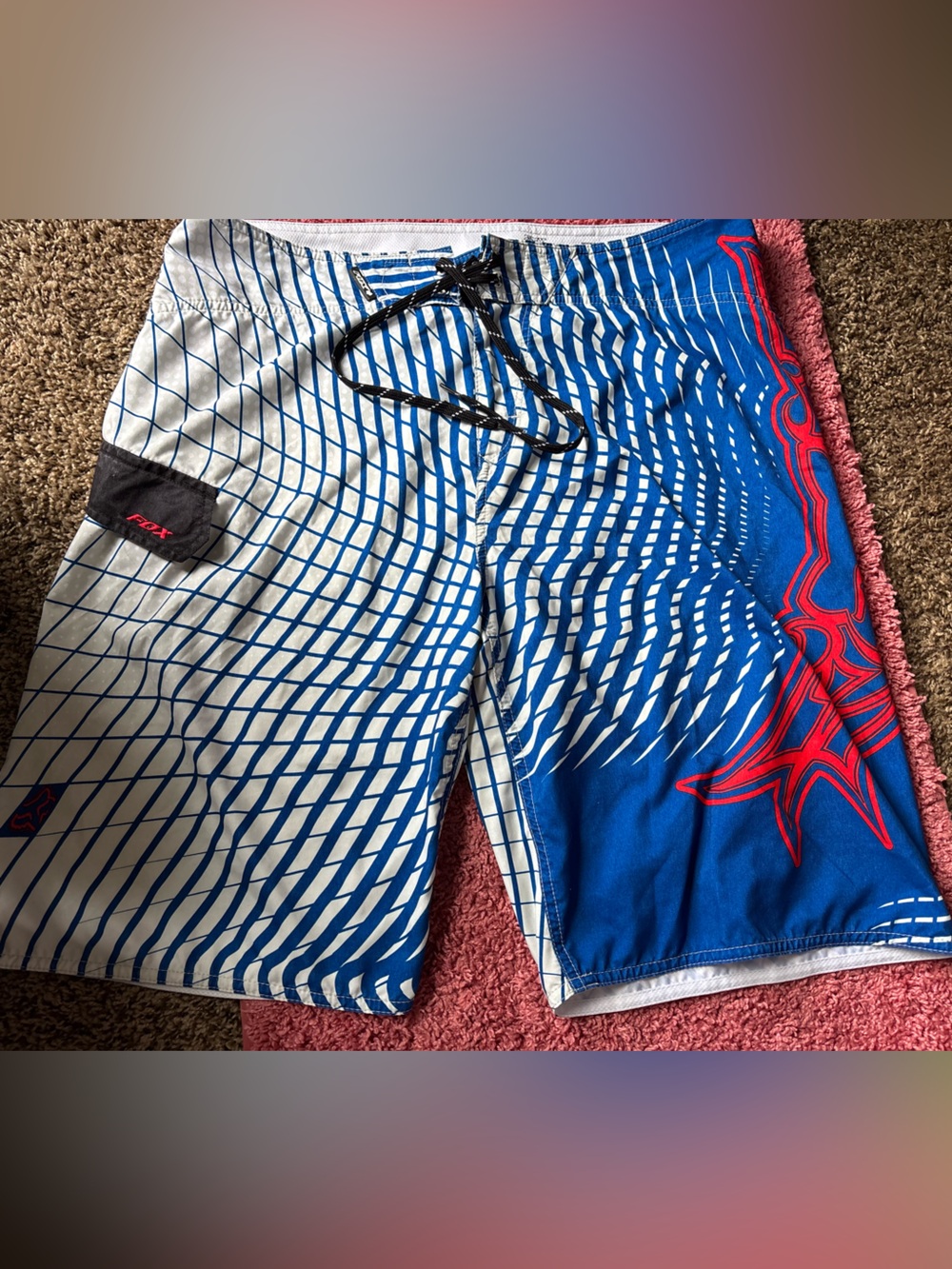 Fox Blue White Board Shorts with Red Graphic